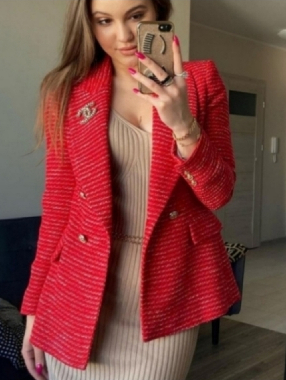 Zara Textured Tweed Double Breasted Blazer Red Size S and M